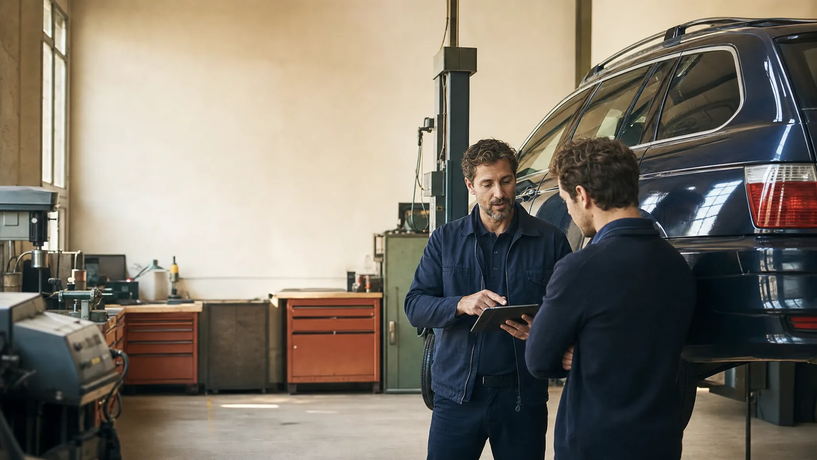 Un mécanicien de Garage Horizon Auto explique son diagnostic à un client