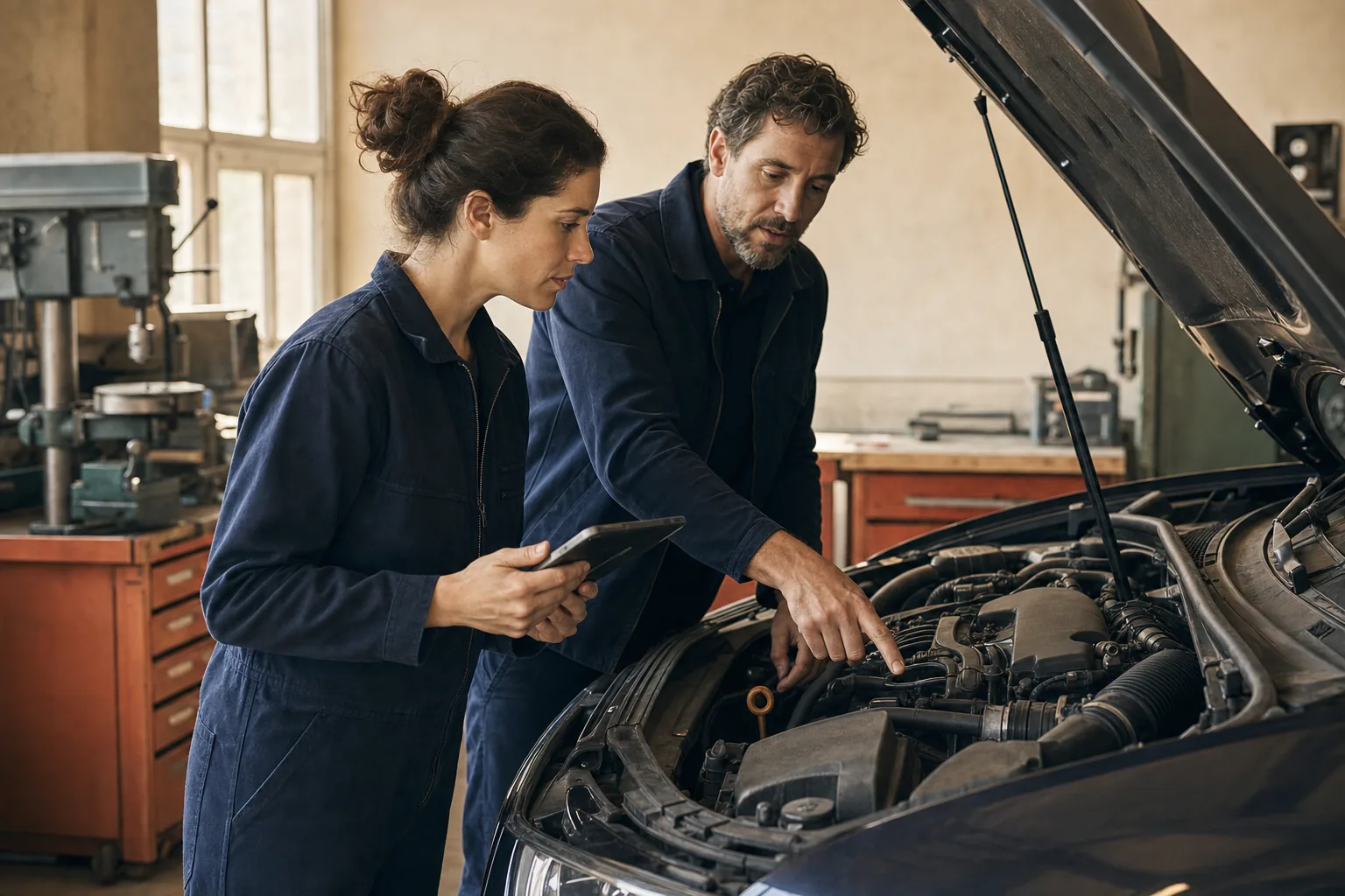 Deux mécaniciens contrôlent précisément un moteur
